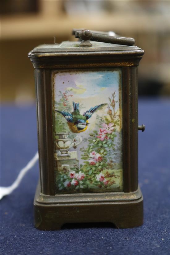 A French brass and enamel miniature carriage timepiece height 8cm